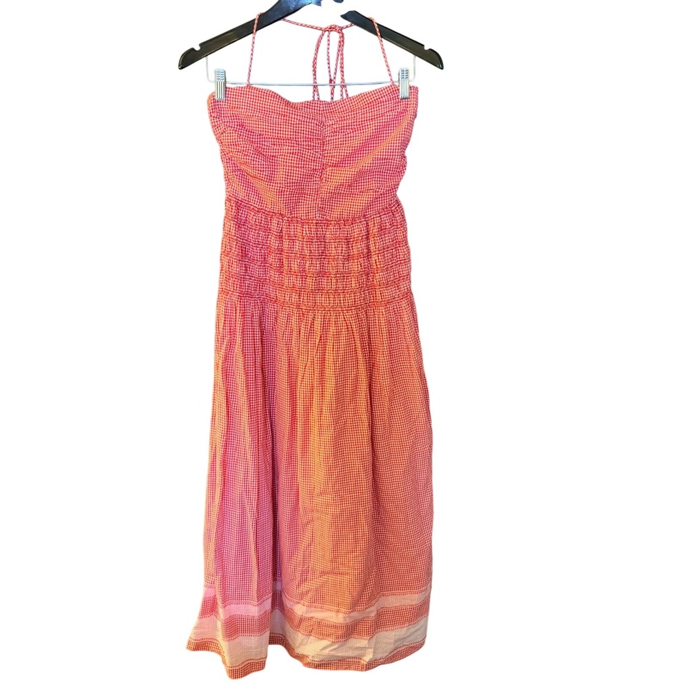 Anthropologie Dorothy Gingham Smocked Midi Dress Red White Cotton Halter Sz S